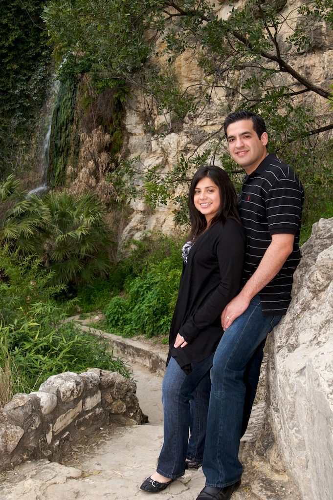 Portrait of couple at Japanese Tea Gardens with waterfall in background