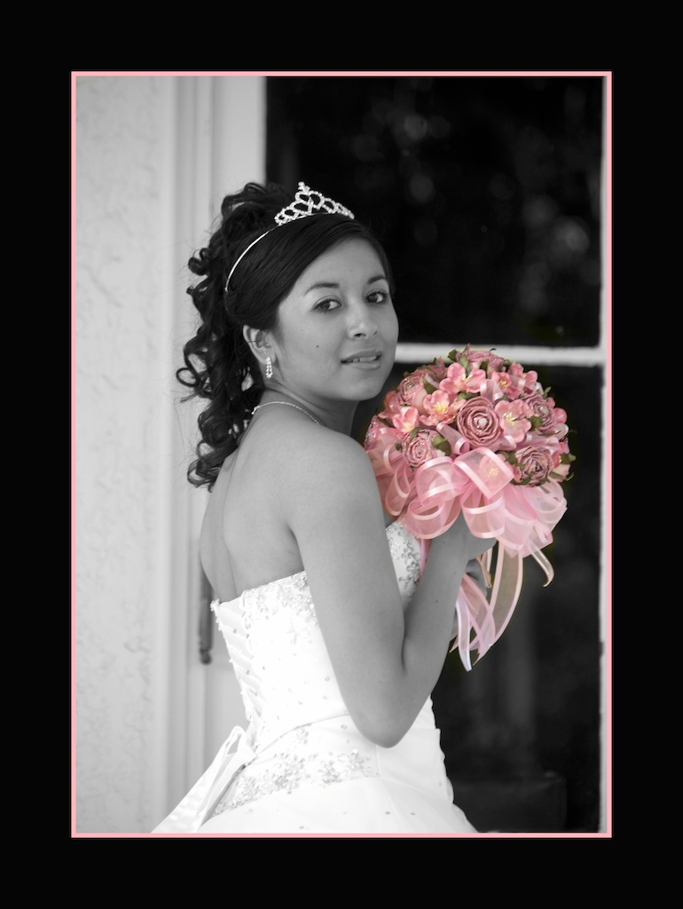 Black and White Quinceanera Portrait with a "touch of color"