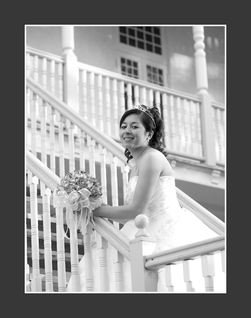 Great compositon with lines of stairs in black and white Quinceanera Portrait