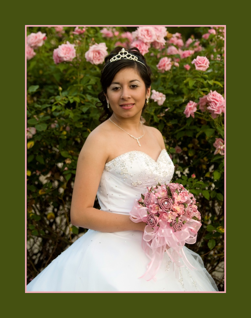 Quinceanera Portrait of lovely young girl with pink roses in background